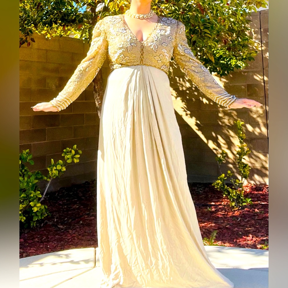 Vintage Amen Wardy Gold Bead Oscar Award Gown Maxi Long Dress